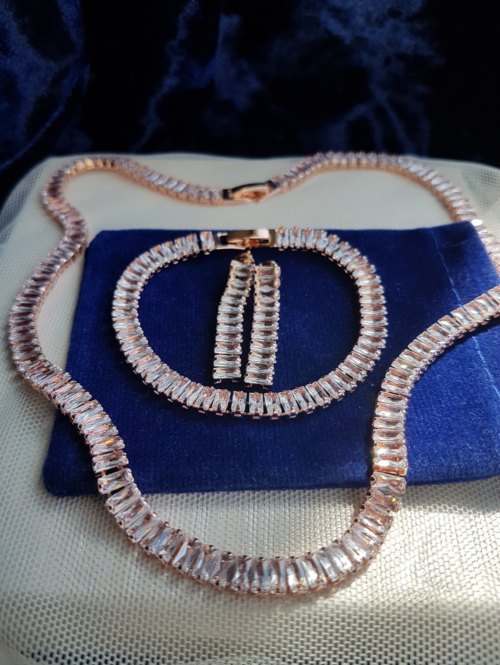 Swarovski Elements Rose Gold Plated Baguette Tennis Necklace NEW